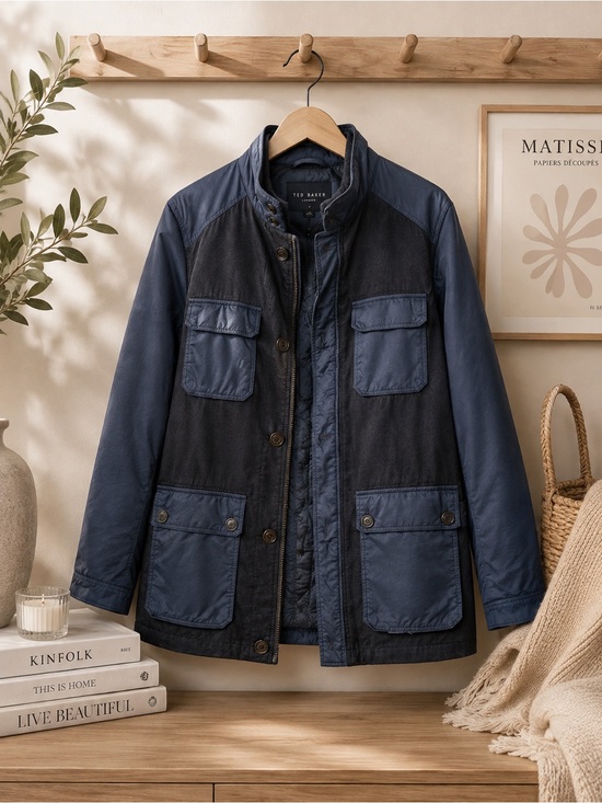 Ted Baker Other - Ted Baker London Men’s Navy Blue Mixed Media Quilted Utility Jacket Size 5 (XL)